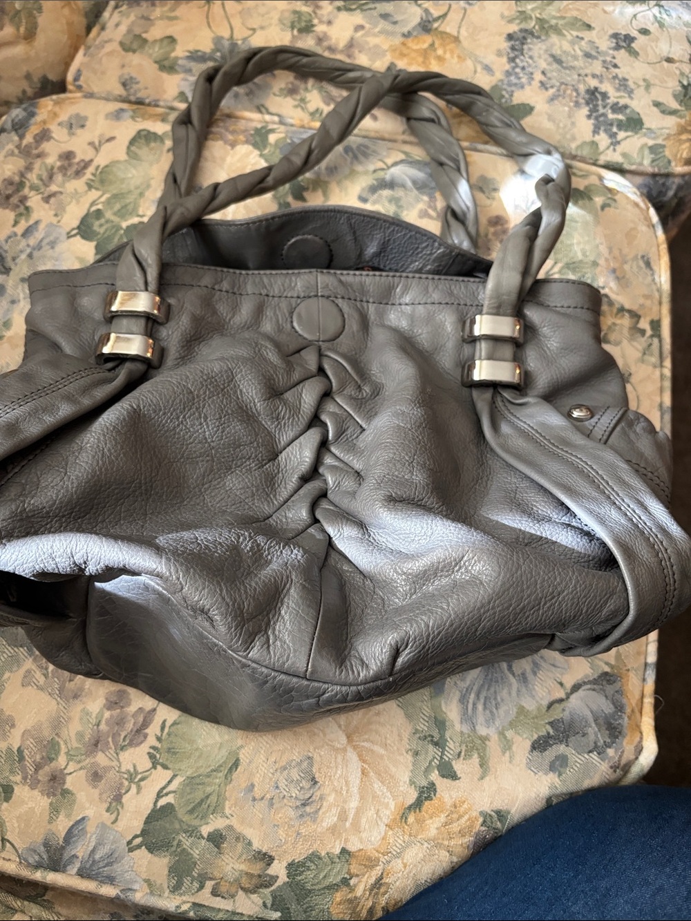 b. makowsky Gray Leather Shoulder Bag with Rust-Print Scarf